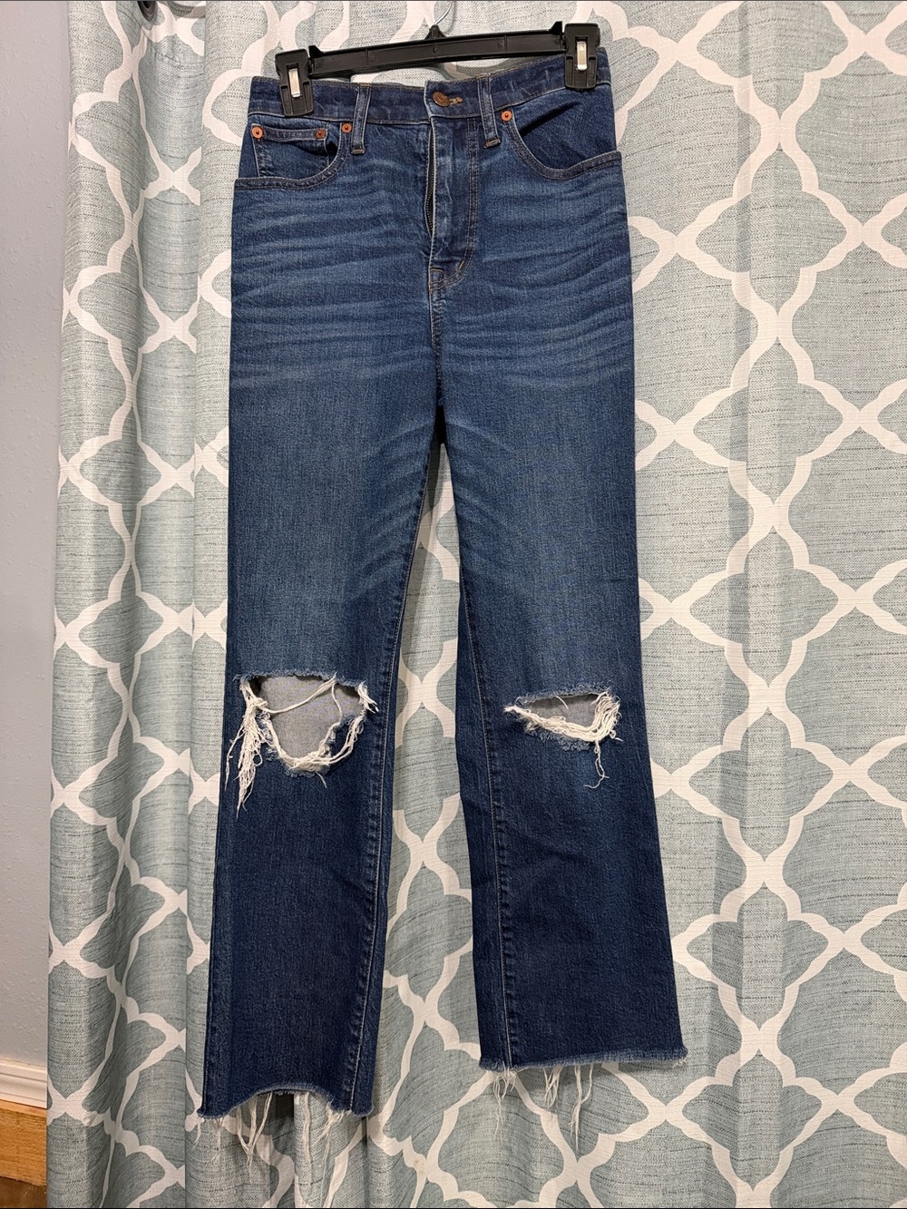 Madewell High Rise Crop Flares Dark Blue Distressed Jeans
